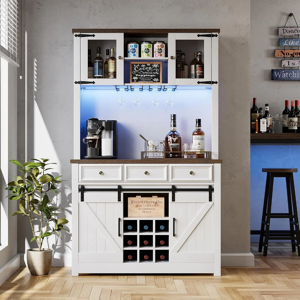 HiMISS Farmhouse Coffee Bar Cabinet With LED Lighting Wine Rack