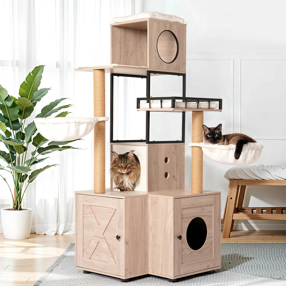 Cat Tree with Litter Box Enclosure, All-in-one Indoor Cat Tower with Hammock Bed Food Station Scratching Posts Pet Furniture