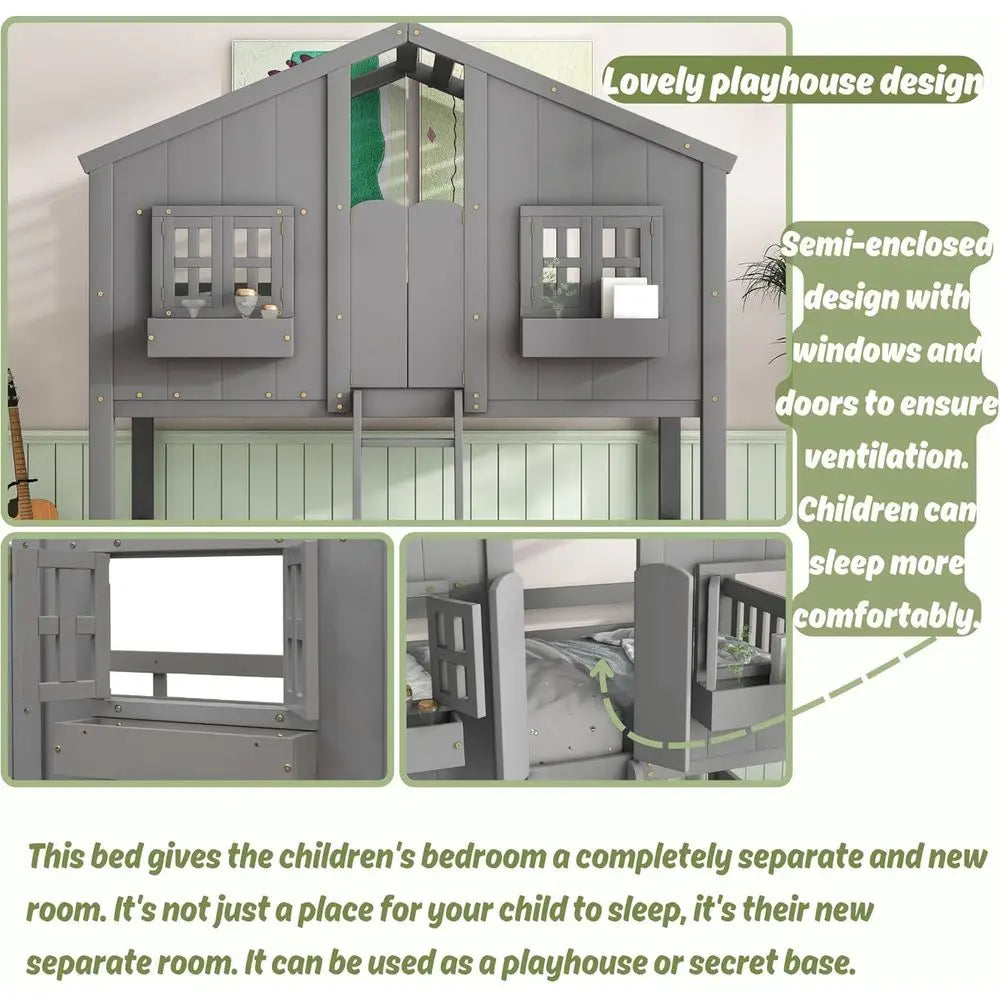 Twin Over Twin Bunk Bed with Playhouse, Ladder, Guardrails, Grey