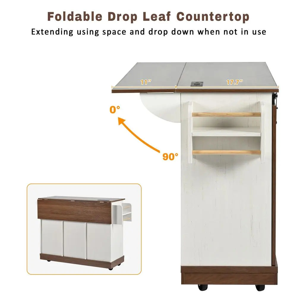 Rolling Kitchen Island with Power Outlet and Drop Leaf, Mobile Kitchen Island Table on Wheels with Barn Door Storage Cabinet, S