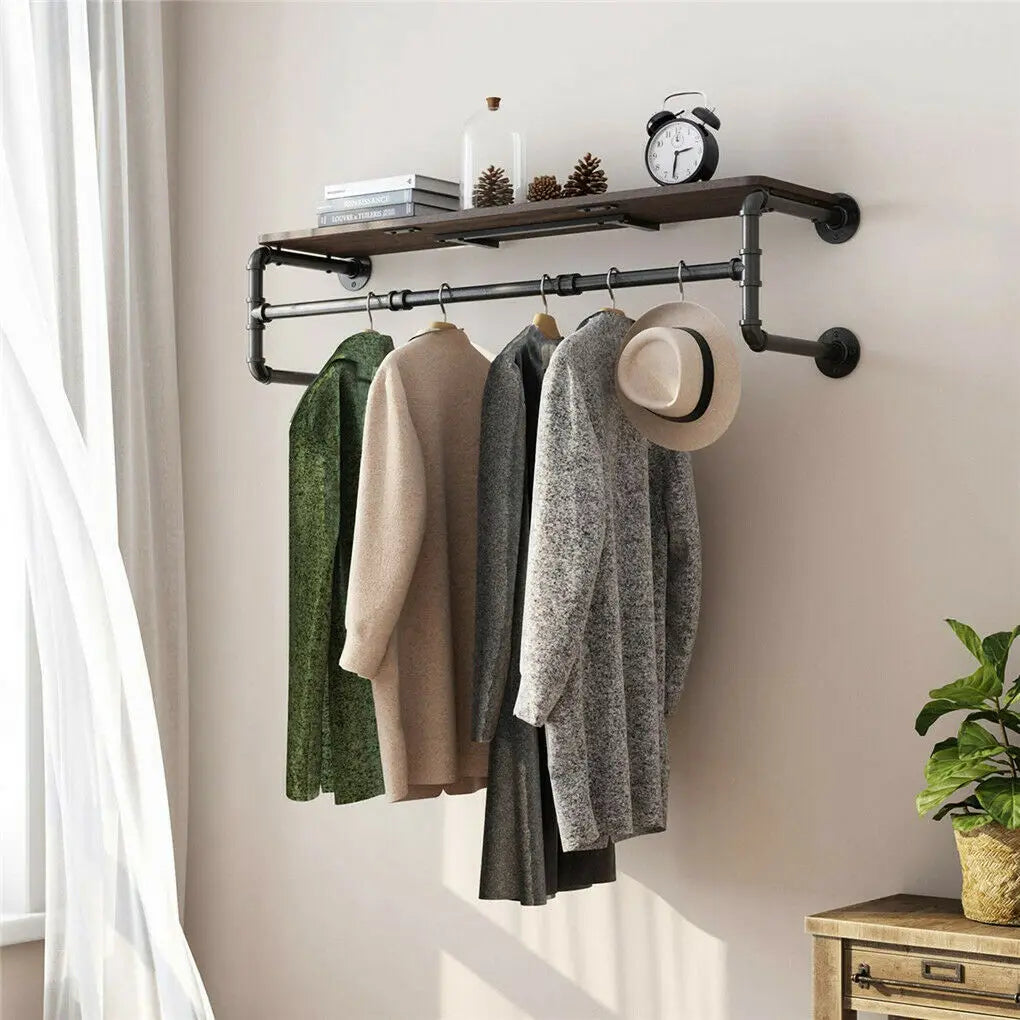Industrial Pipe Wall Mounted Clothing Rack With Wood Shelf