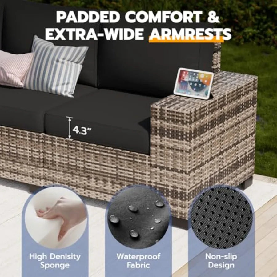 6 Piece Wicker Rattan Patio Sectional Sofa Set with Thick Cushions for Backyard Poolside Garden Wide Armrest Outdoor Furniture