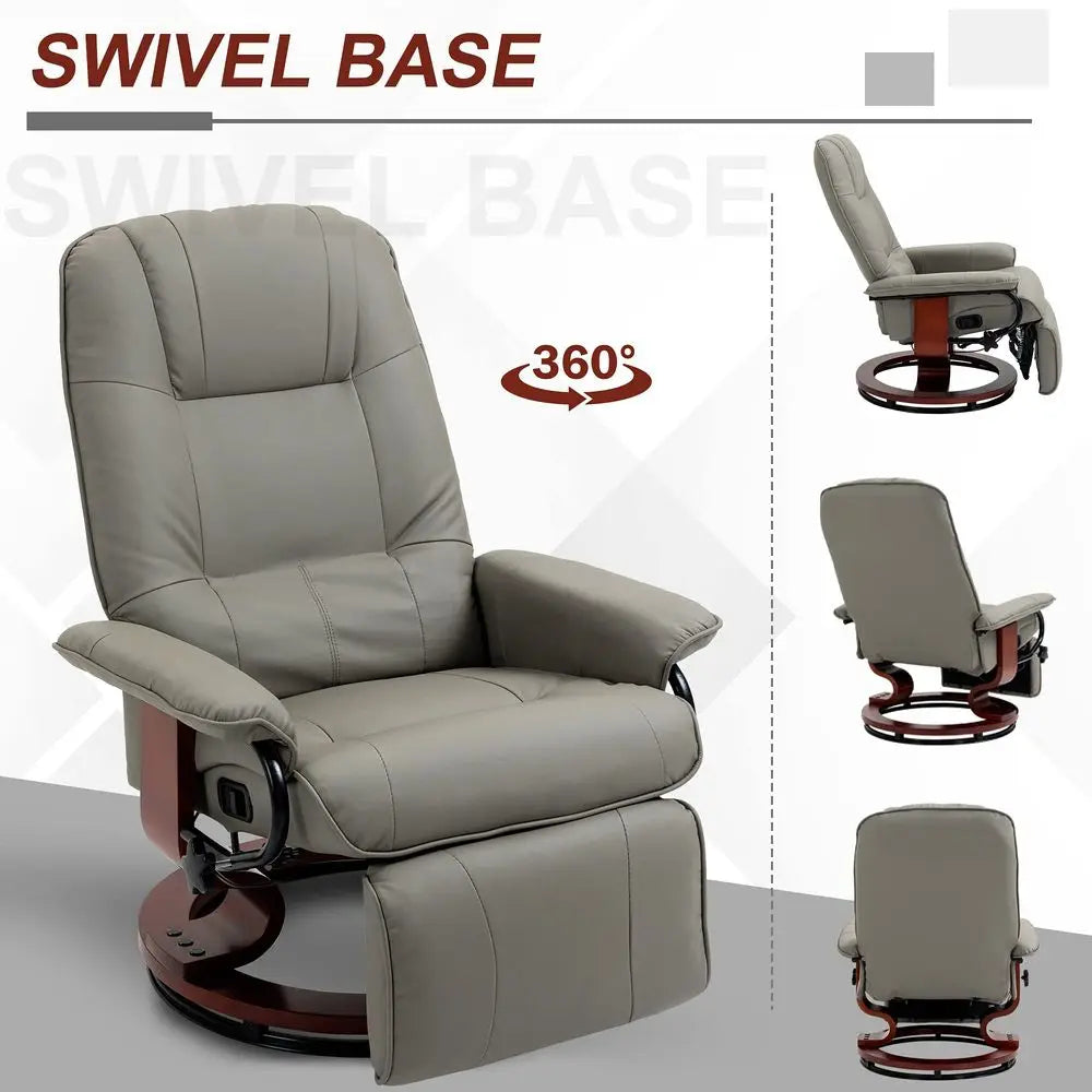 Swivel Recliner Chair, PU Leather Reclining Armchair with Retractable Footrest, Lounge Chair with Wood Base and Adjustable High