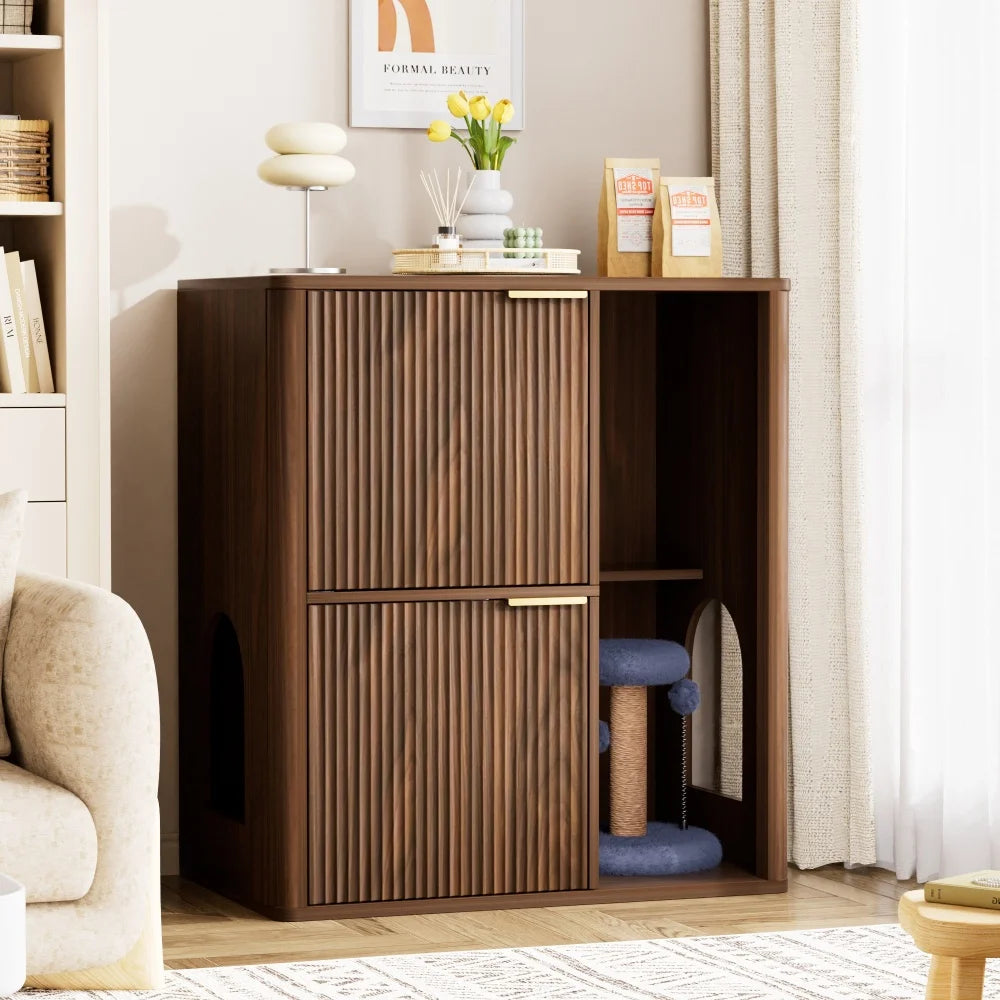Light Wood Cat Litter Cabinet Cat Tree Grooved Concealed Litter Featuring Dual Cat Doors Storage Shelves Versatile Pet Cabinet