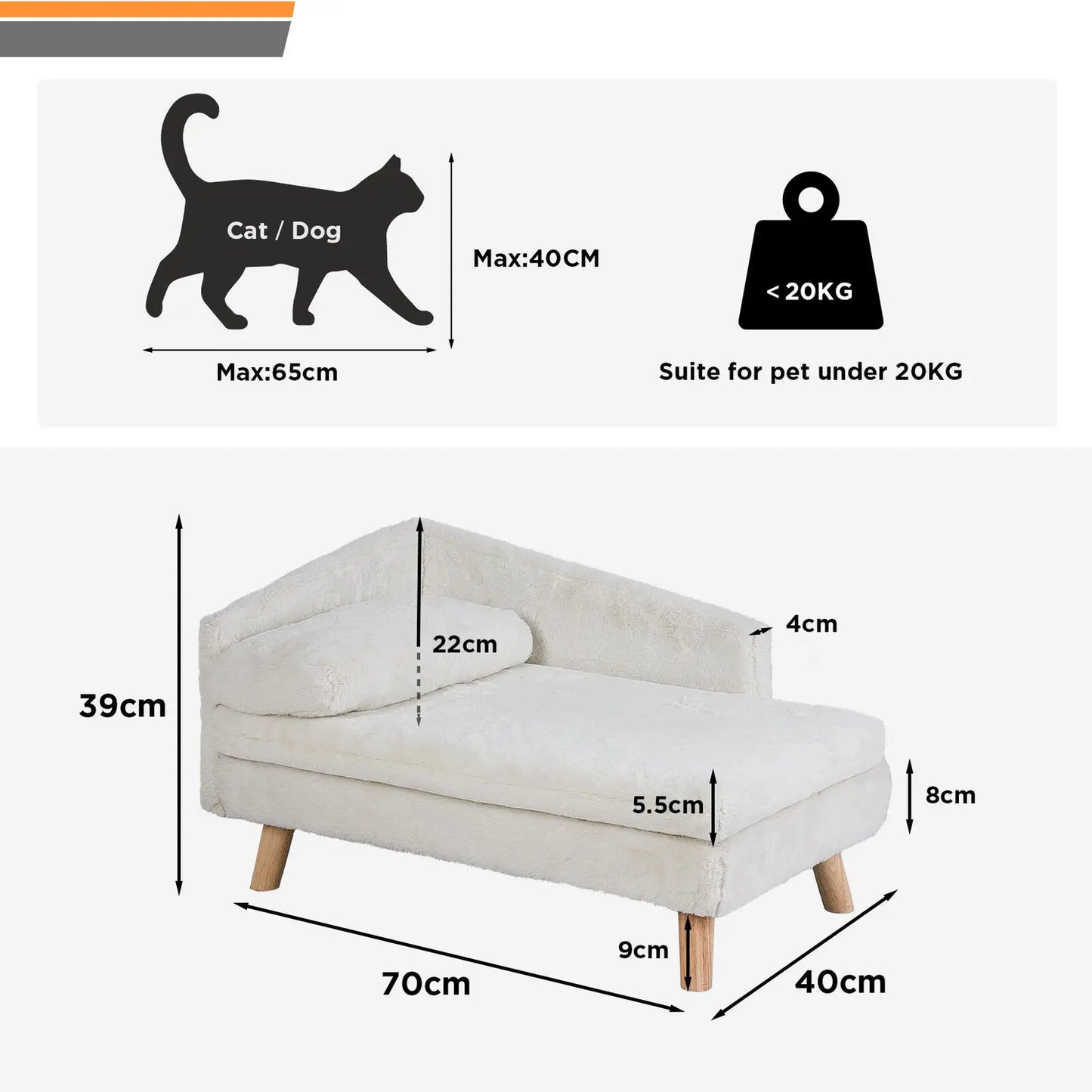 L Shape Plush Pet Bed Sofa Elevated Couch With Solid Wood Legs For Cats And Dogs