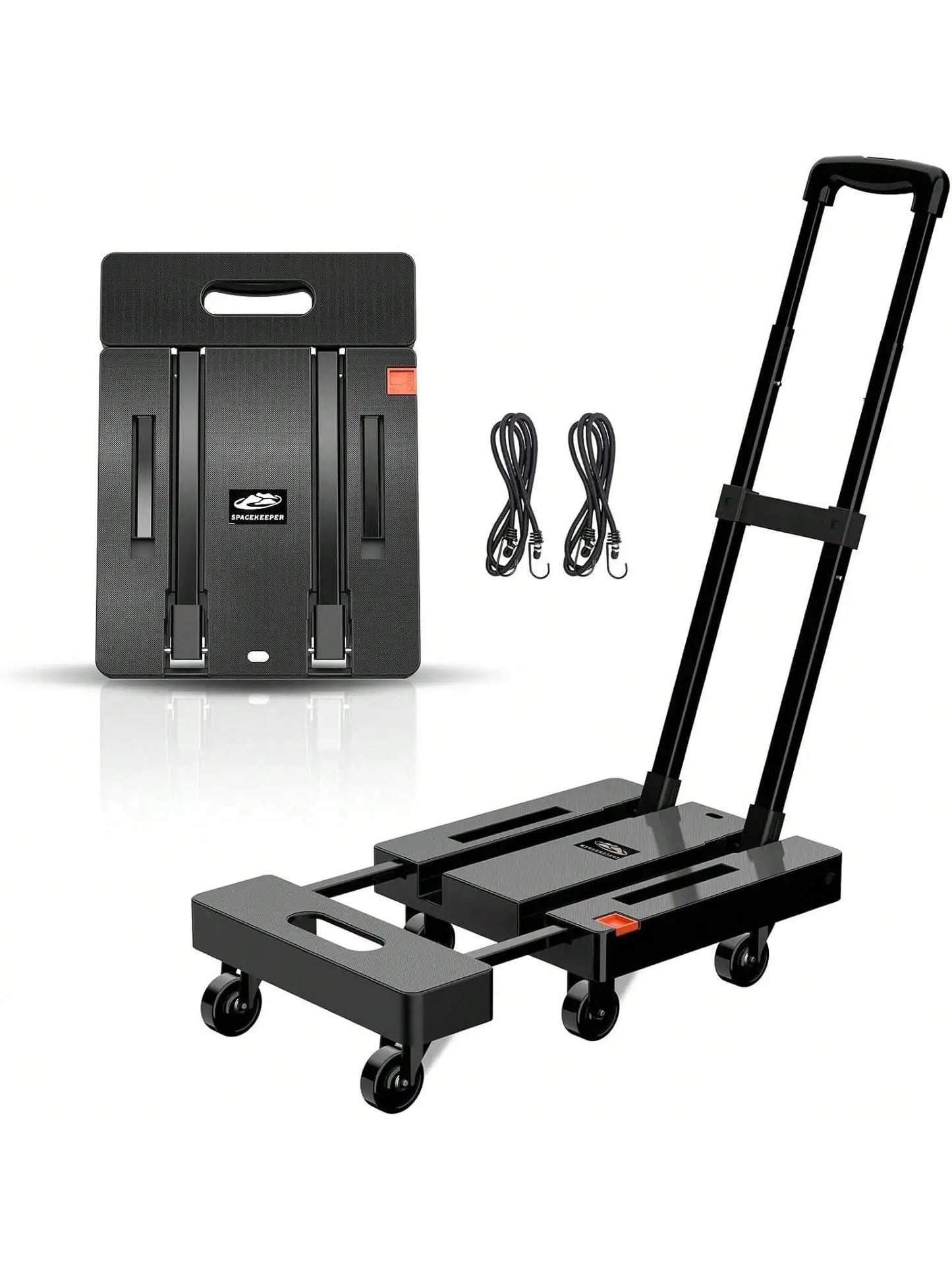 SPACEKEEPER Folding Hand Truck, 500 LB Heavy Duty Luggage Cart, Utility Dolly Platform Cart With 6 Wheels & 2 Elastic Ropes For