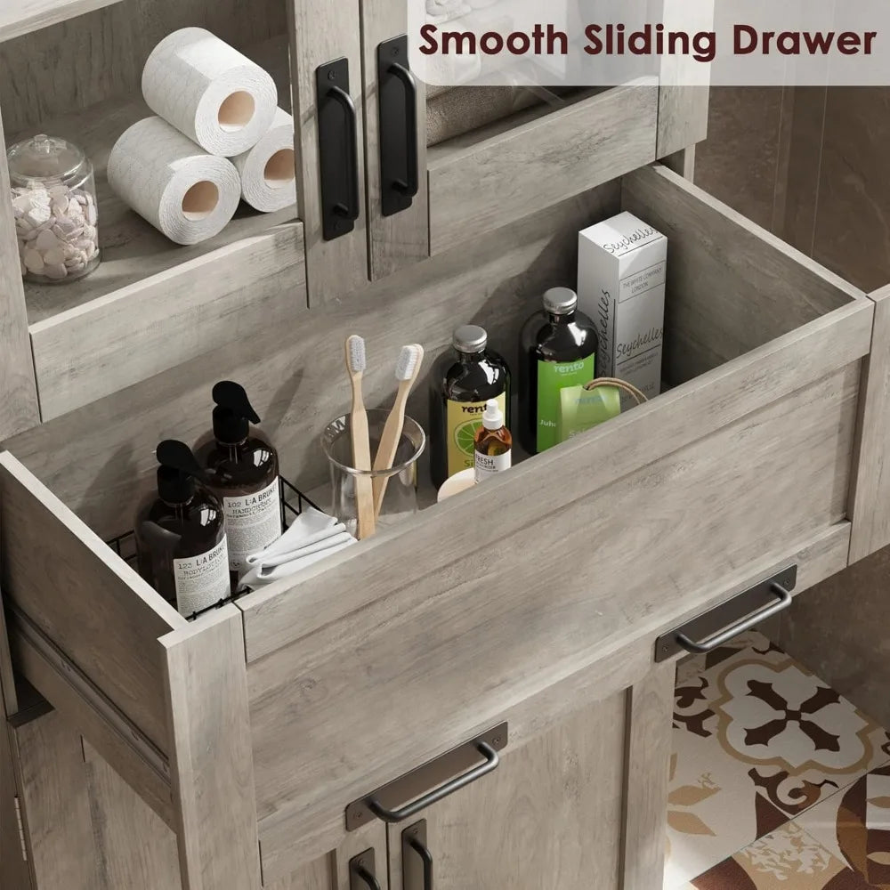 67 Tall Bathroom Cabinet with 4 Doors & Flip Glass Drawer, Storage Cabinet with Adjustable Shelves, Freestanding Organize