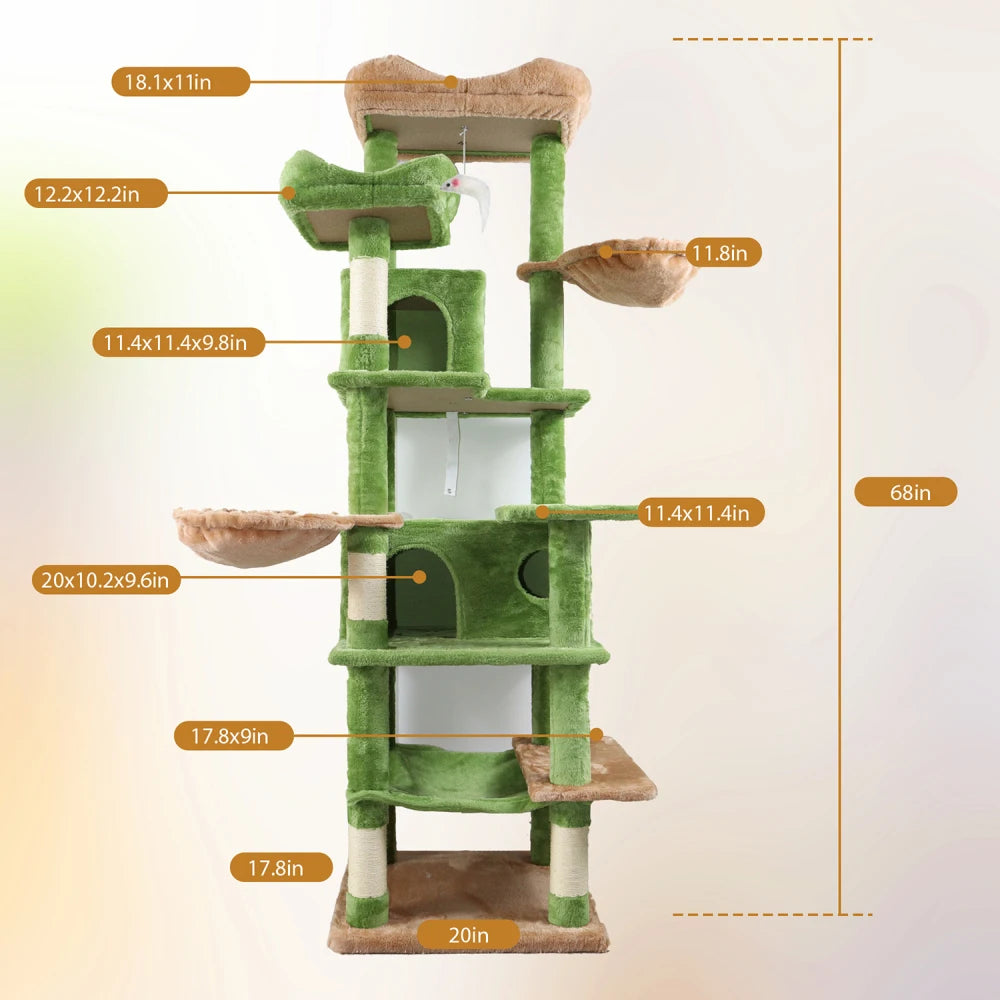 68-Inch Tall Green Multi-Level Cat Tree for Indoor Cats, Particle Board Cat Tower with Hammocks, Hanging Basket, Cat Cave, Removable Cushion, Scratching Posts and Plush Top Perch, Cat Furniture for Climbing and Resting, Green