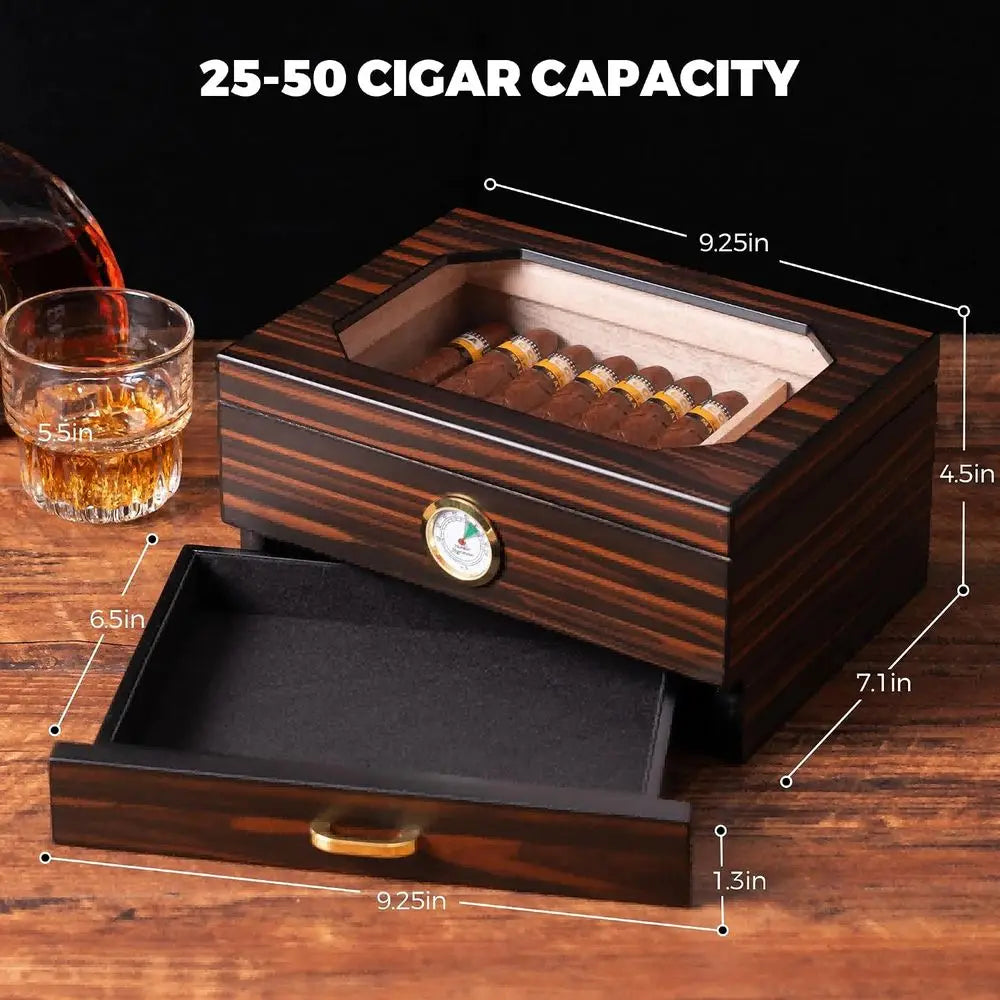Cigar Box, Spanish Cigar, 50 Cigars, Desktop Glass Top with Hygrometer, Humidity, Accessory, Cigar Cutter, Ashtray, Punch, Divid