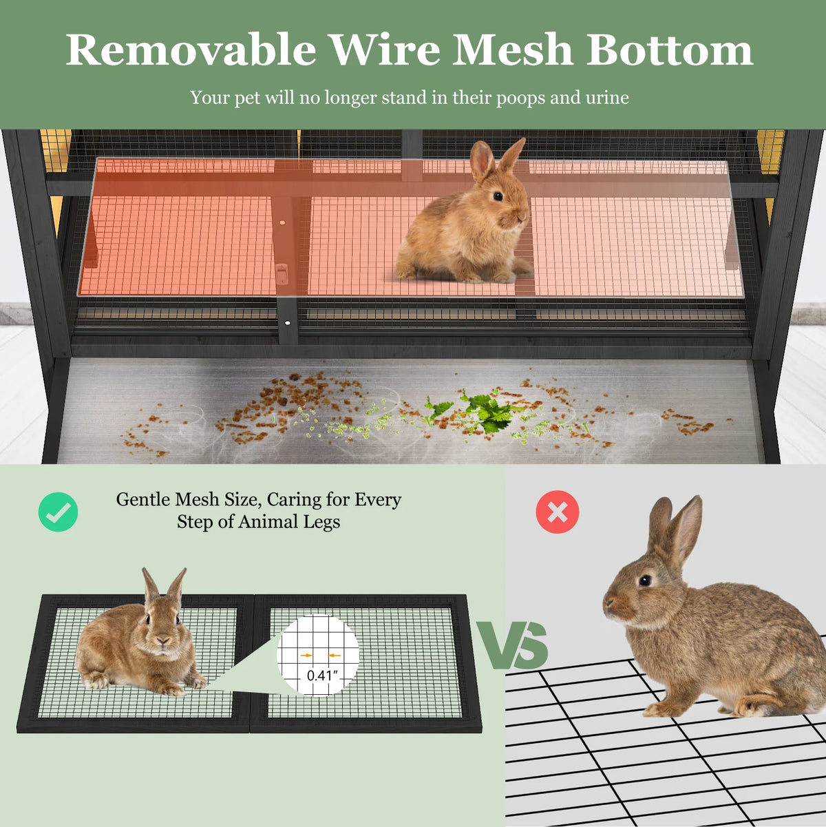 46.7" Rabbit Cage Indoor Outdoor, Elevated Wooden Bunny Hutch with Removable Tray, Waterproof Asphalt Roof & Bottom Wire Mesh for Small Animals