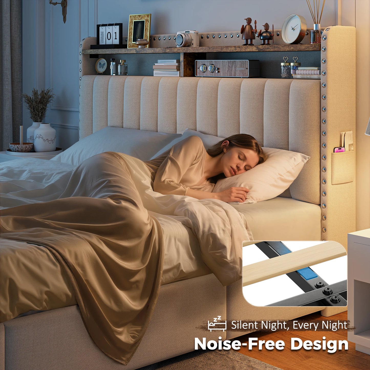 EnHomee Upholstered Platform Bed Frame With Three Storage Drawers