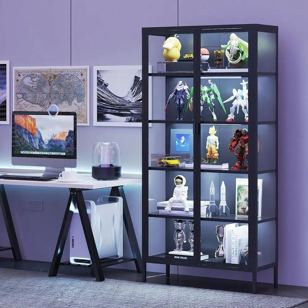 71 High Glass Display Cabinet with LED Sensor Lights, Adjustable Shelves for Living Room, Bedroom, or Kitchen