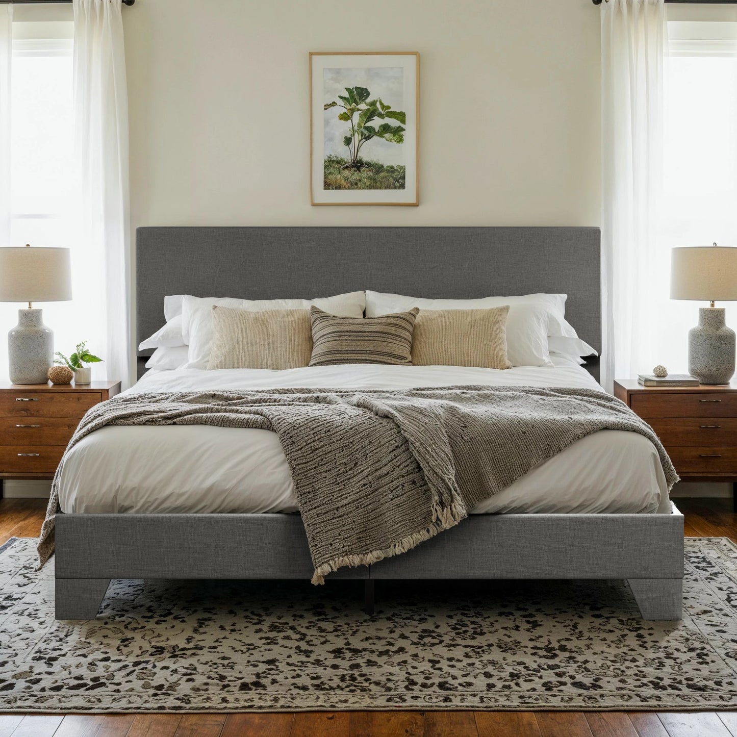 HOOMIC Upholstered Bed Frame With Adjustable Headboard In Linen Fabric