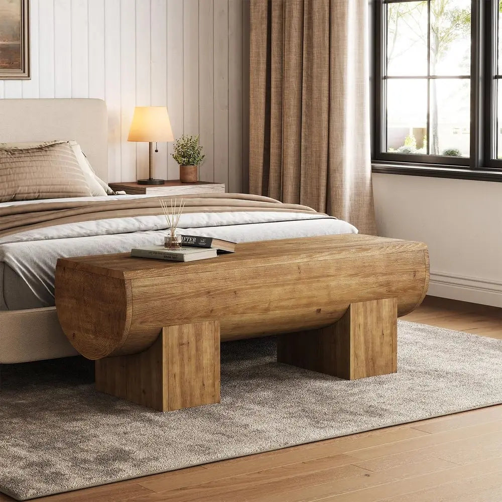 Wood Entryway Bench, 47 End of Bed Bench, Farmhouse Indoor Entry Bench Seat for Bedroom, Living Room, Hallway, Brown