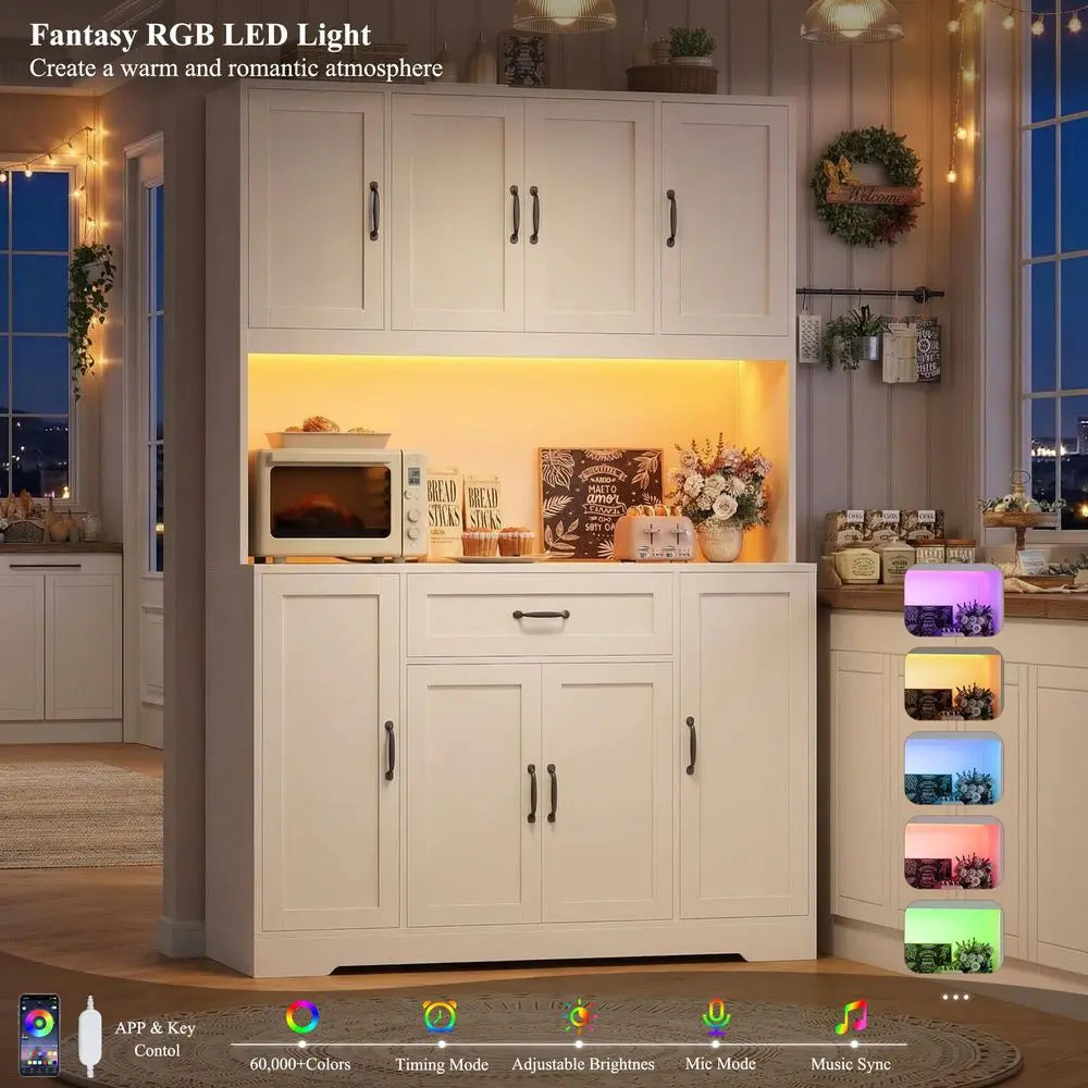 70 LED Kitchen Pantry Cabinet with Charging Station, 47 Wide Pantry Storage Cabinet with Large Microwave Stand, Modern Kitchen