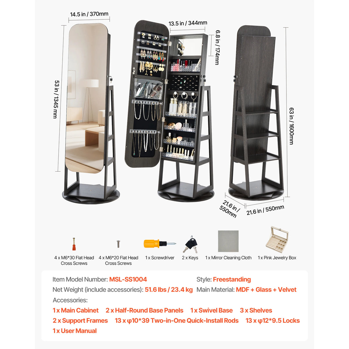 SucceBuy 360° Swivel Jewelry Cabinet 61/63" Tall Full-Length Mirror Lockable Rotatable Armoire Organizer Shelves Pouches 2 Keys