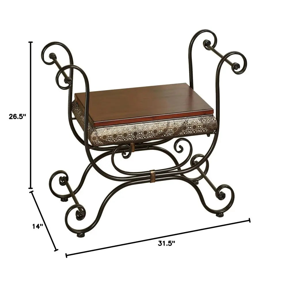 of Class Charleston Ornate Openwork Vanity Bench Stool Bronze Lace Scrolls with Arms Metal with Naturally Cherry Wood Seat Eleg