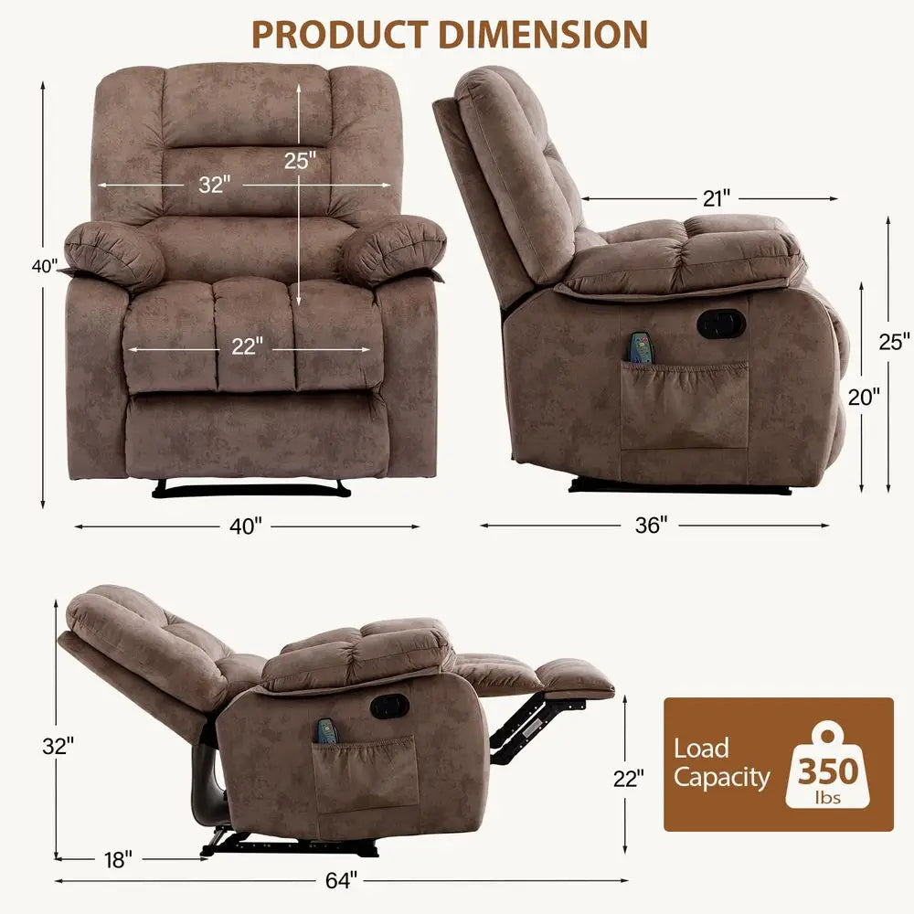 Manual Reclining Chair with Heat and Massage Overstuffed Ergonomic Breathable Fabric, Single Sofa Chair with Side Pockets for L