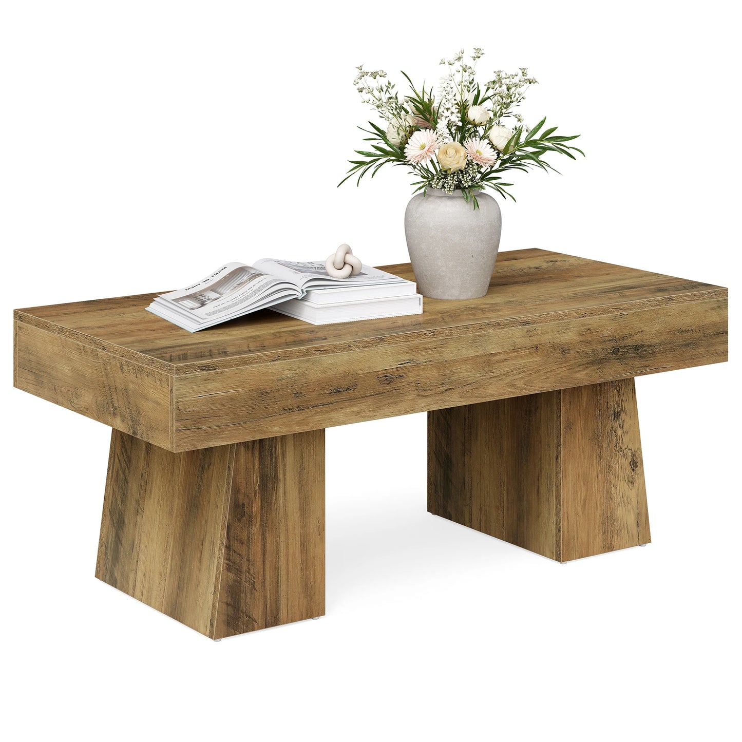 TribesignsFarmhouse Coffee Table, 120cm Wooden Accent Center Tables with Thick Base, Modern Low Cocktail Tea Furniture for