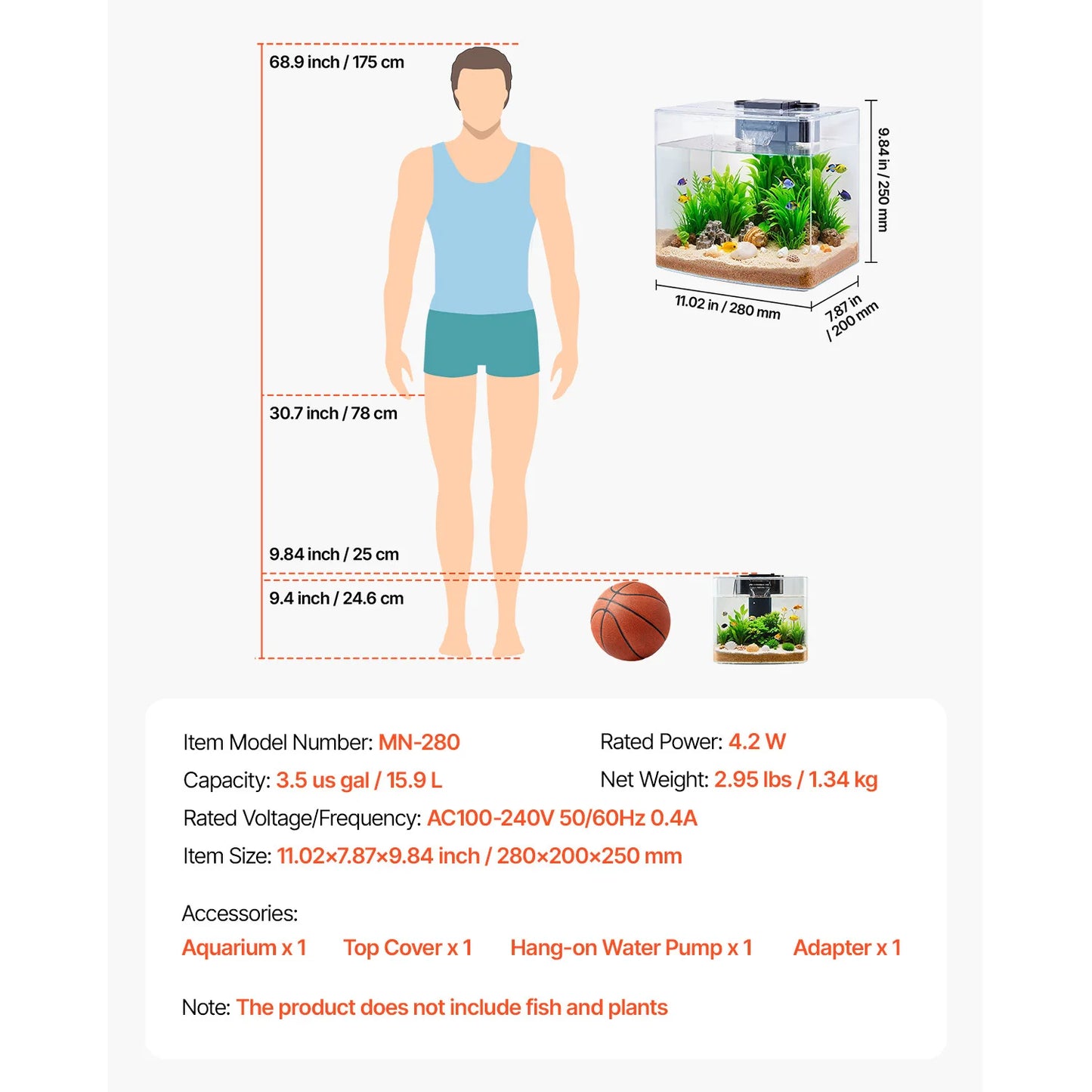 SucceBuy Fish Tank Aquarium 3.5Gal Arch Ultra-Clear GPPS Starter Smart Tank Adjustable 3 Color Lighting for Freshwater Fish Home