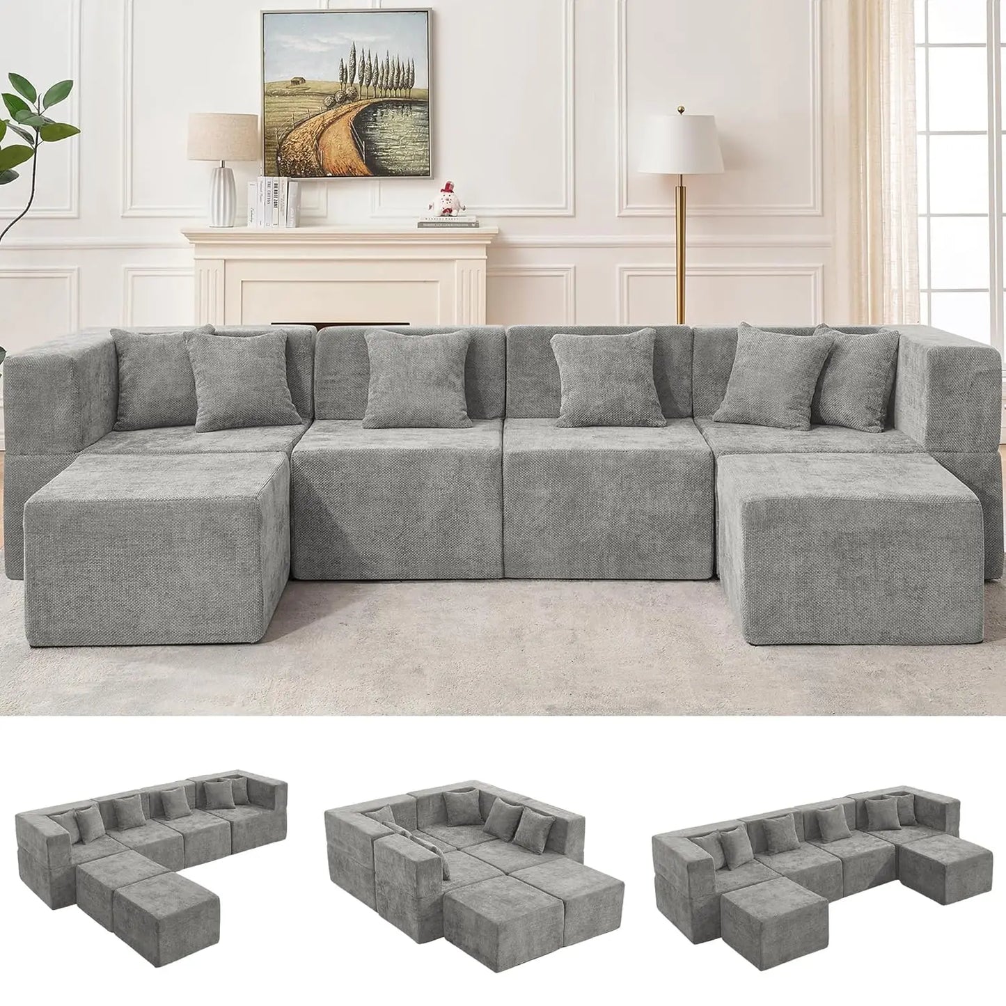 Modular Sectional Cloud Couch for Living Room - 130'' 6 Seater Convertible Chenille Couches Set with Ottoman, No, Customized