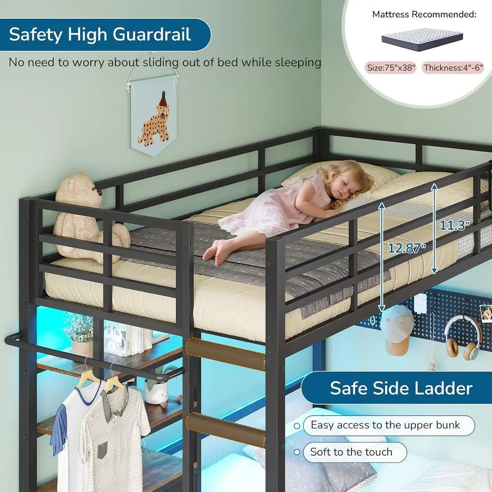 Full-Size Twin Bunk Bed with Storage Drawers, Bookshelf, LED Lights, Charging Station, Safety Rail, and Ladder