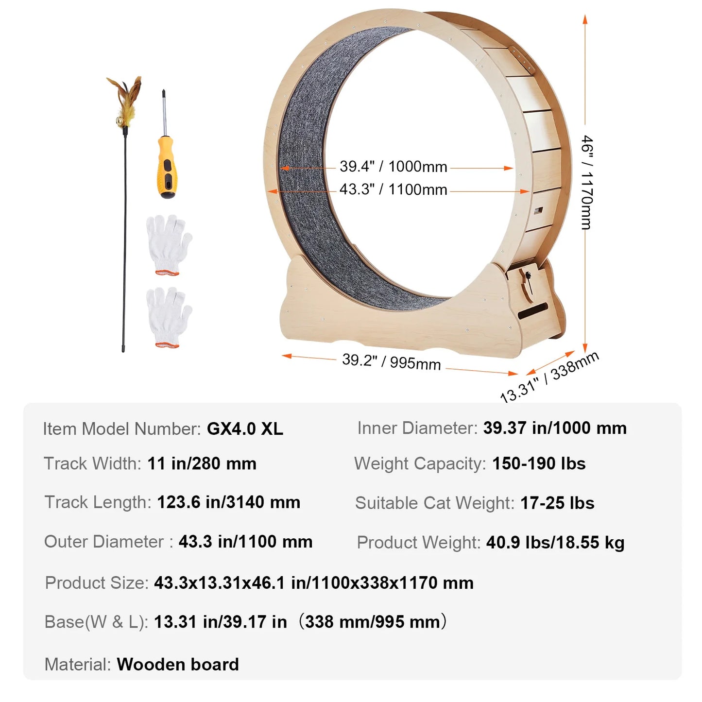 Wooden Cat Exercise Wheel For Indoor Running Detachable Carpet