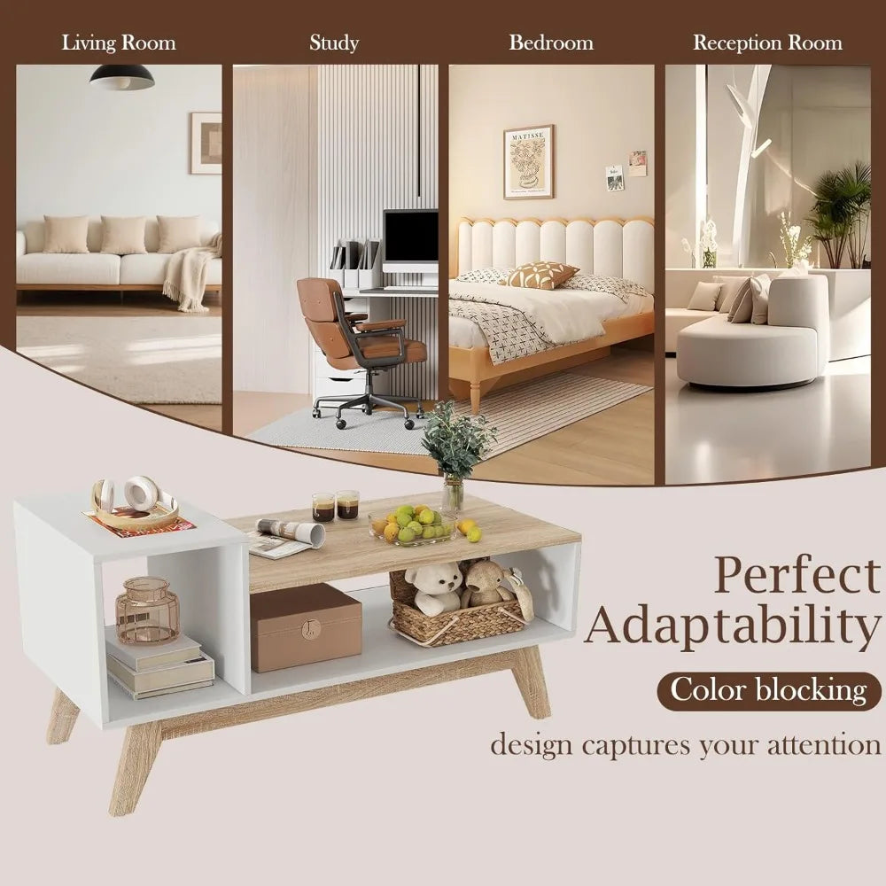 2-Tier Coffee Table with Storage, Mid Century Modern Center Table, Geometric Living Room Table for Small Space Apartment