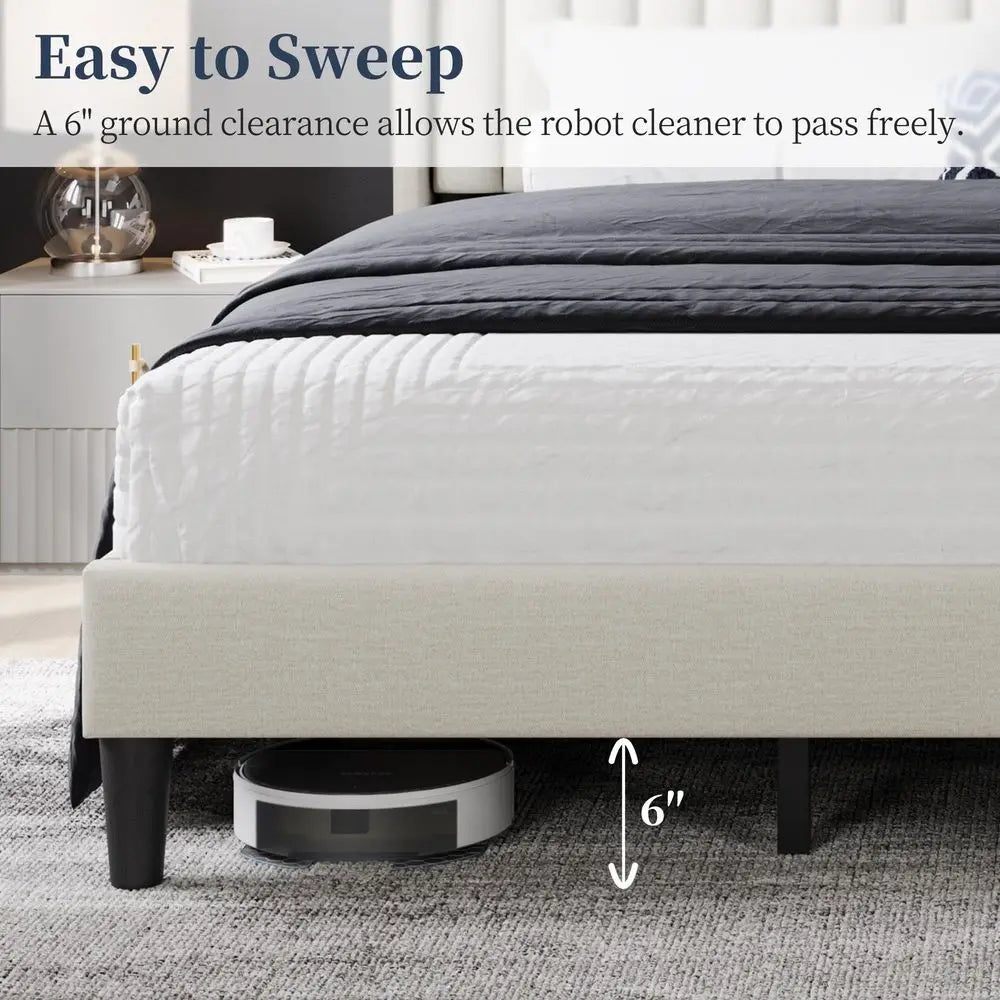 King Bed Frame Upholstered Platform Bed with Fabric Headboard, Wing Edge Design NonSlip and NoiseFree Wooden Slats Support No B