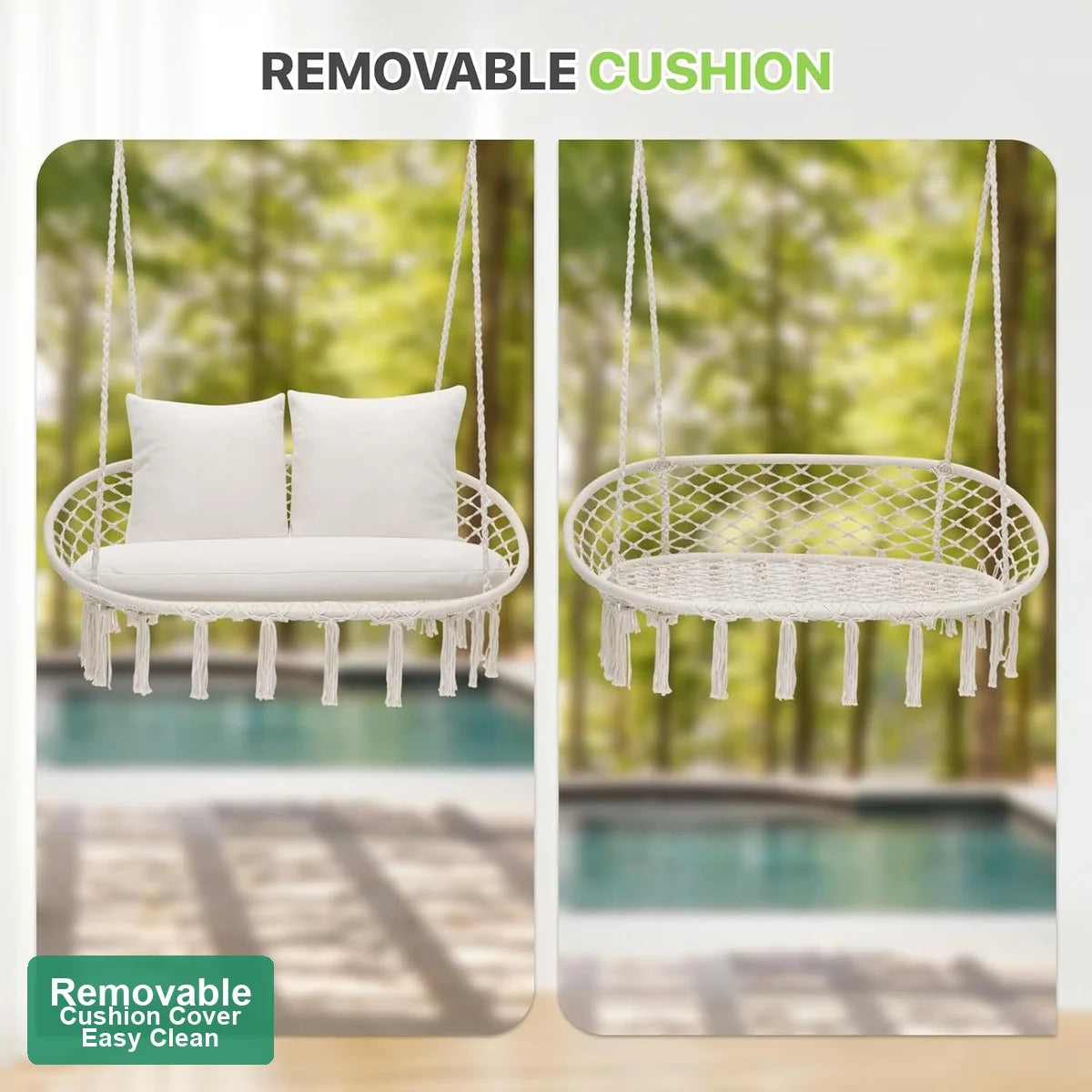Macrame Hanging Hammock Swing Chair 2 Person Beige Cotton Rope 51x25 700 lbs with 3 Cushions Hardware Kit Indoor Outdoor