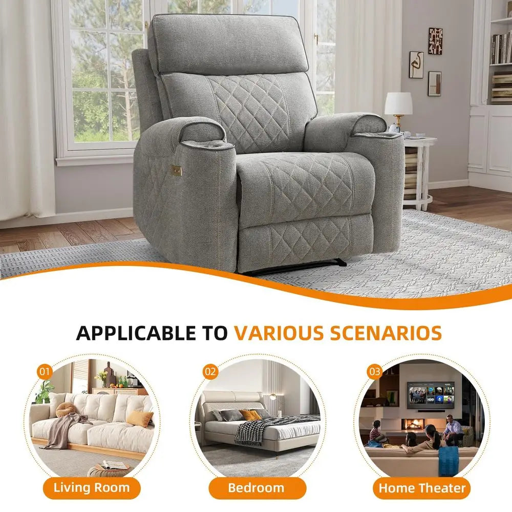 Power Recliner Chair, Electric Fabric Reclining Sofa with Cup Holders, USB TypeC Charging Ports, for Small Living Room, Bedroom