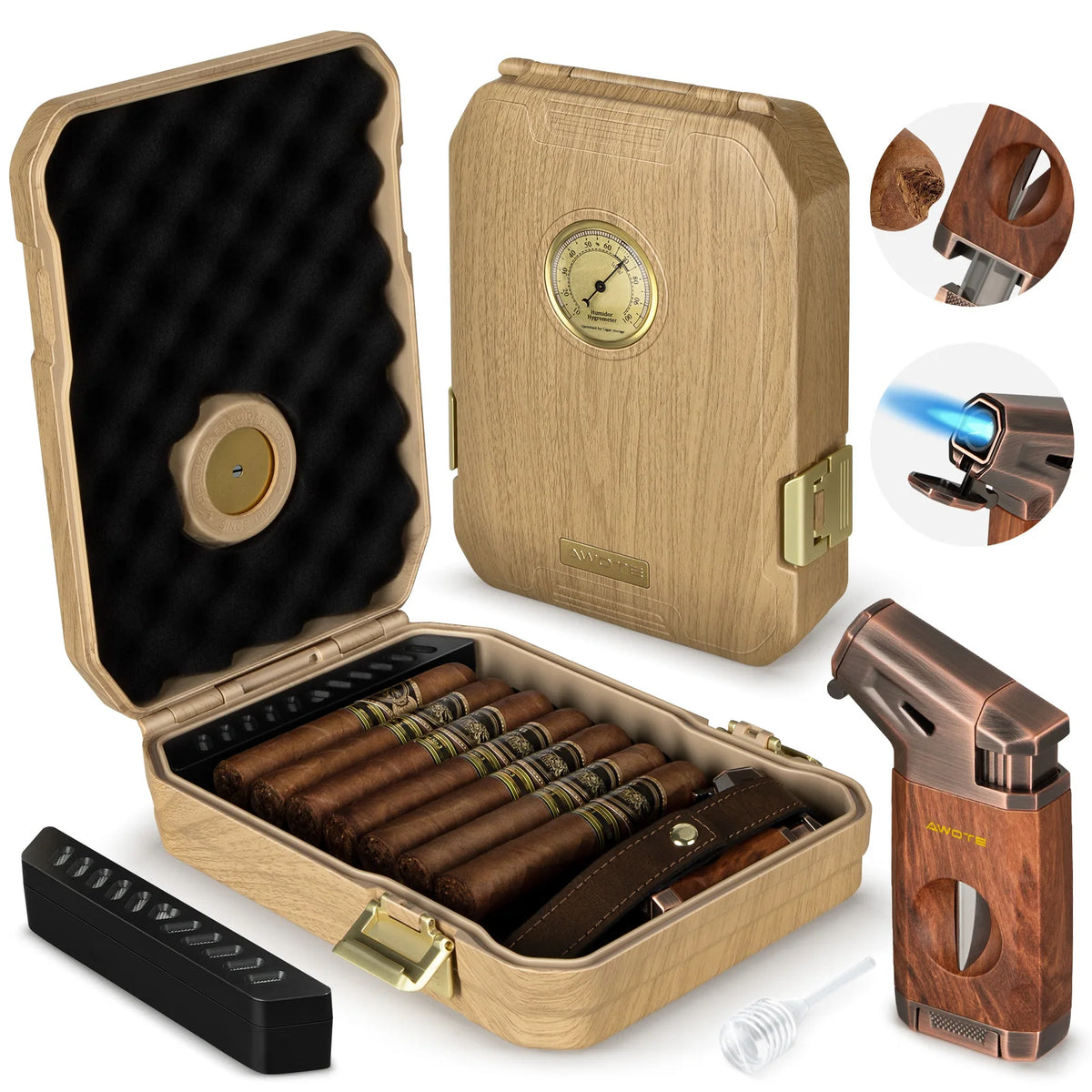 AWOTE Portable Cigar Humidor Set With Lighter Cutter And Hygrometer