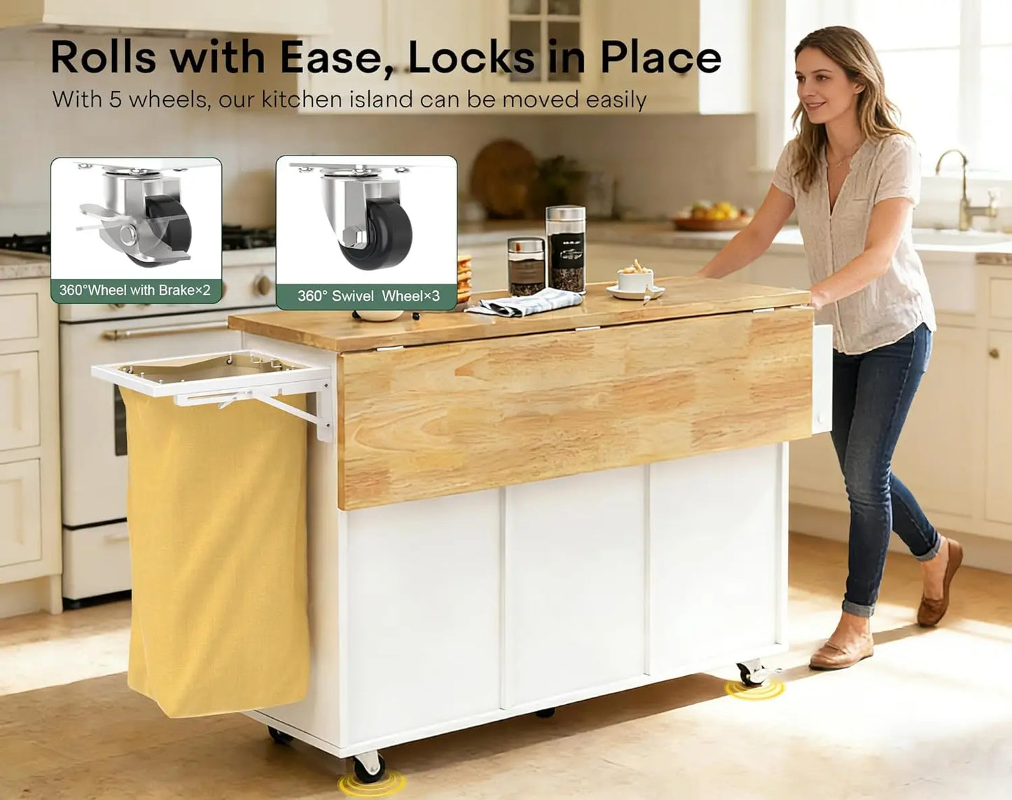 Kitchen Island with Drop Leaf, Rolling Cart with Trash Bag, Cabinet, Drawers & Spice Rack, 43.3"x29.5", Customized
