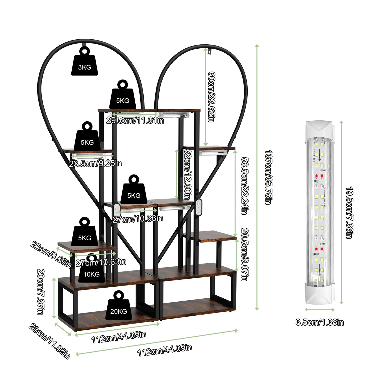 6 Tier Wood and Metal Plant Display Rack Stand Heart Shaped Storage Shelf with Grow Lights