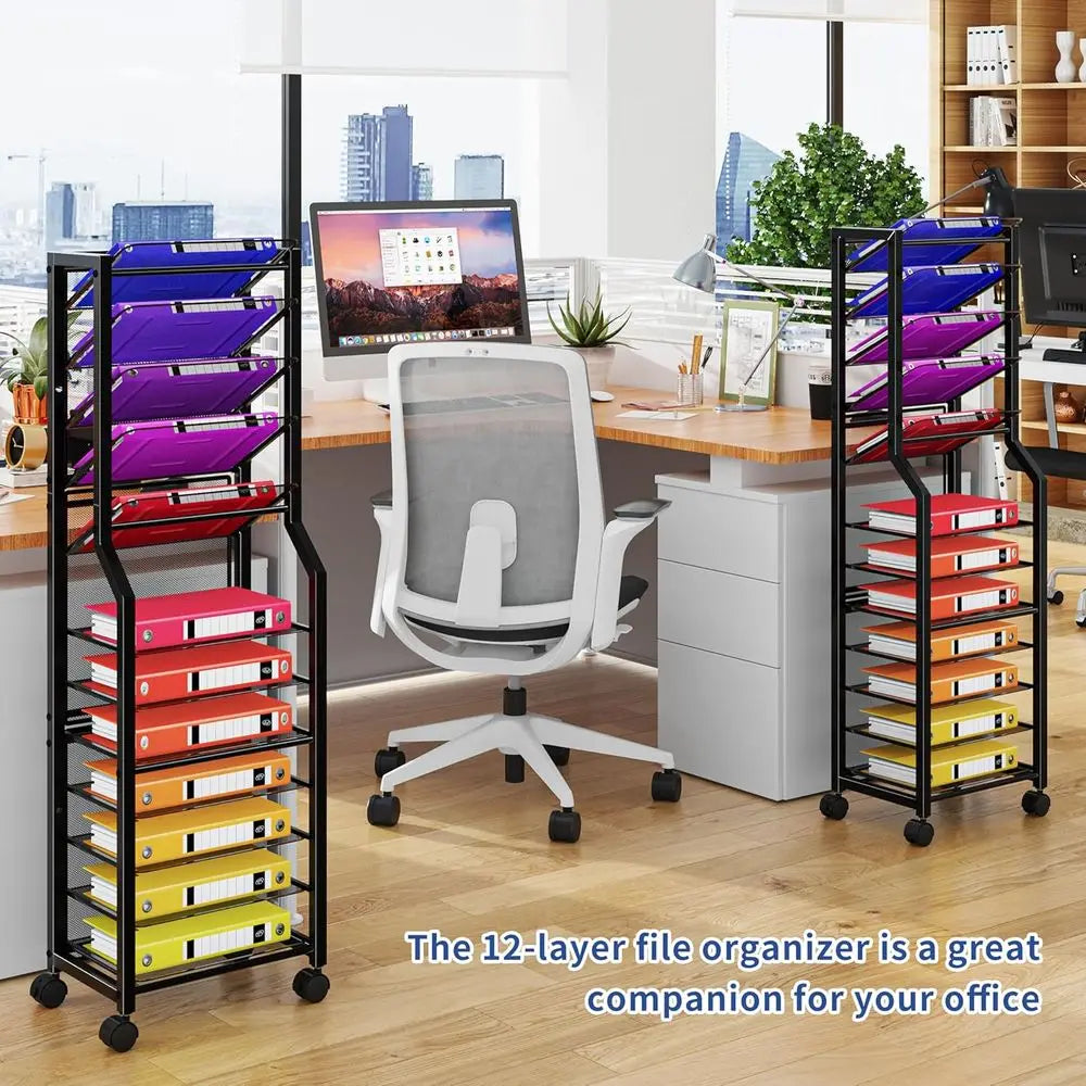 12 Tier Rolling Cart Desk Organizer with Sliding Trays and Metal Mesh Paper Letter Storage Multi-functional Rolling Clutter Cart