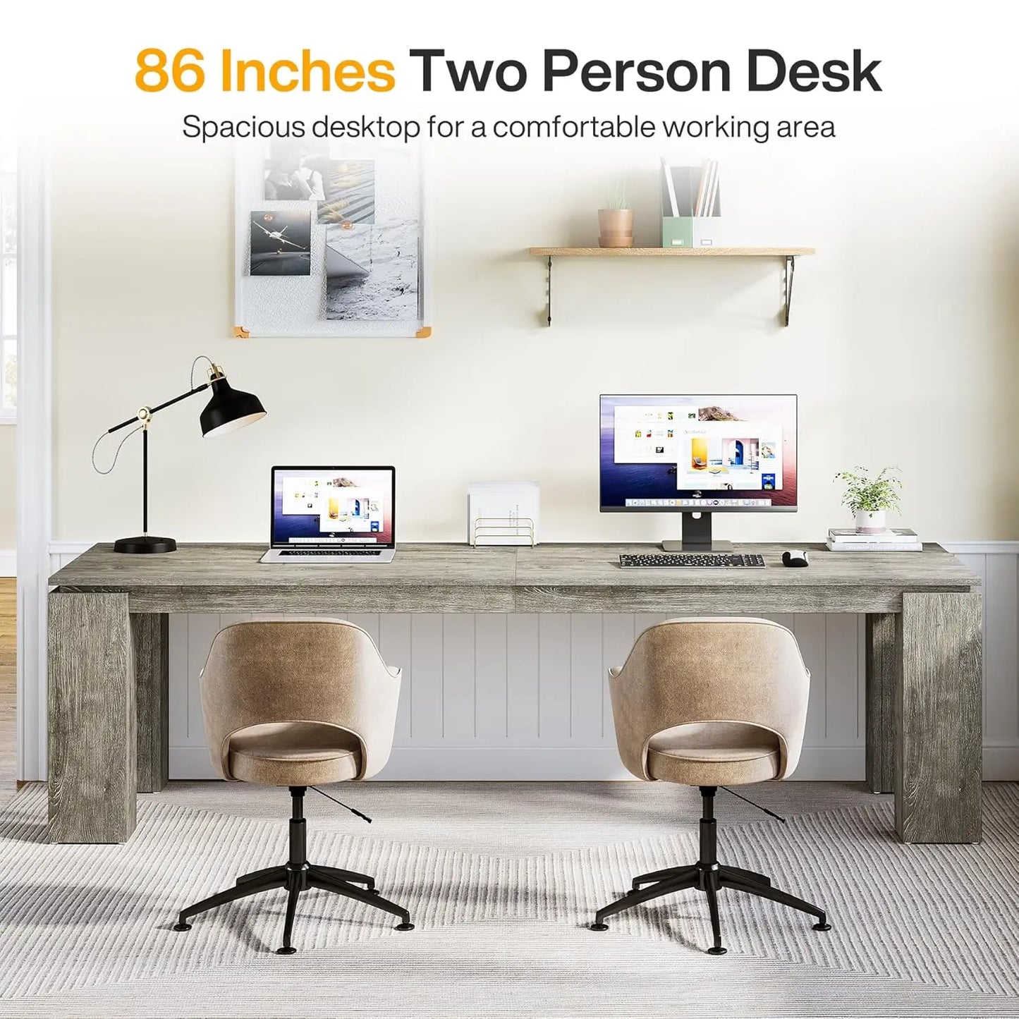 86-Inch Wood Two-Person Office Desk, Modern Double Computer Desk, Extra Long Workstation Table for Home Office, Customized