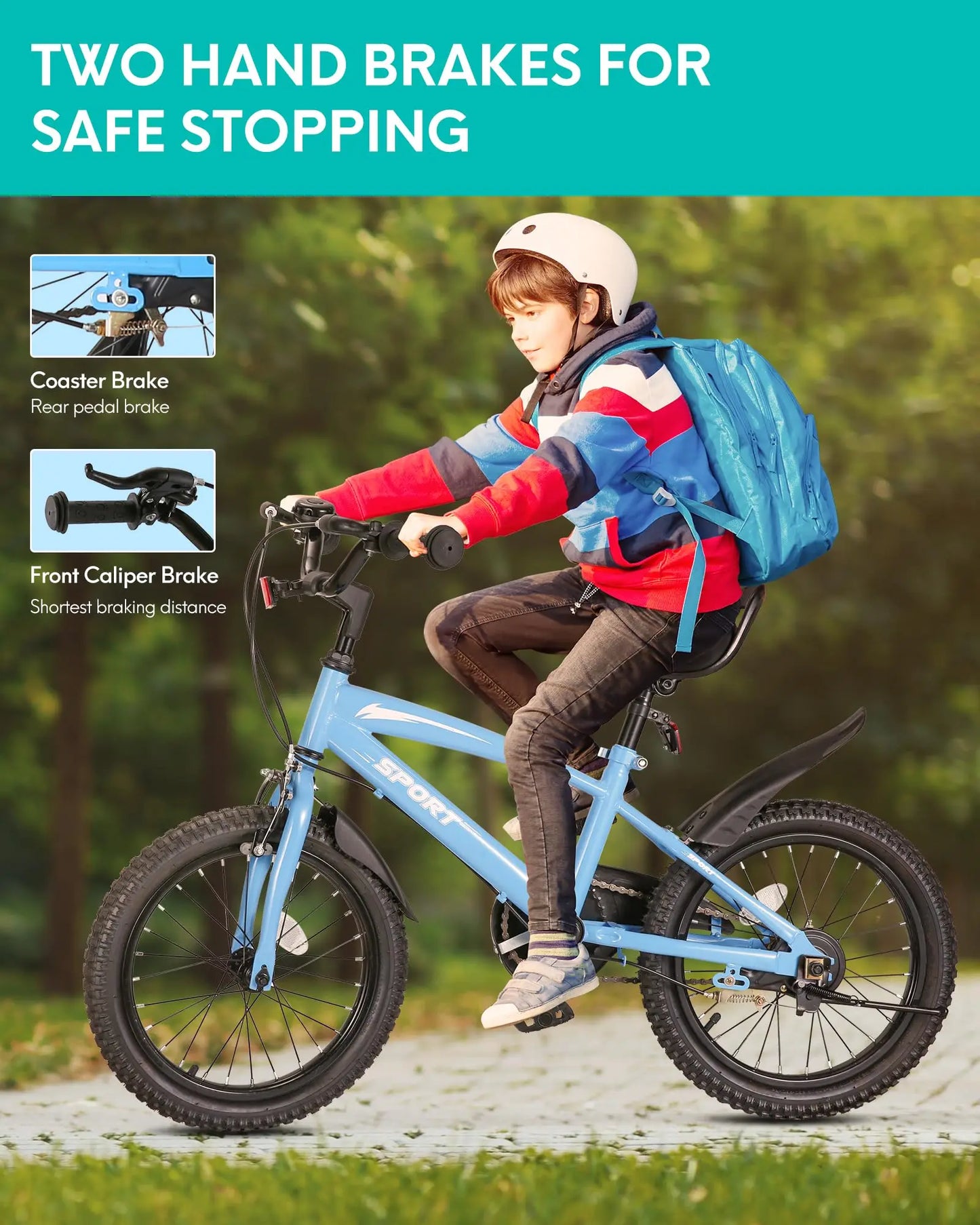 Kids Bike With Training Wheels Kickstand Dual Handbrake Adjustable Handlebar
