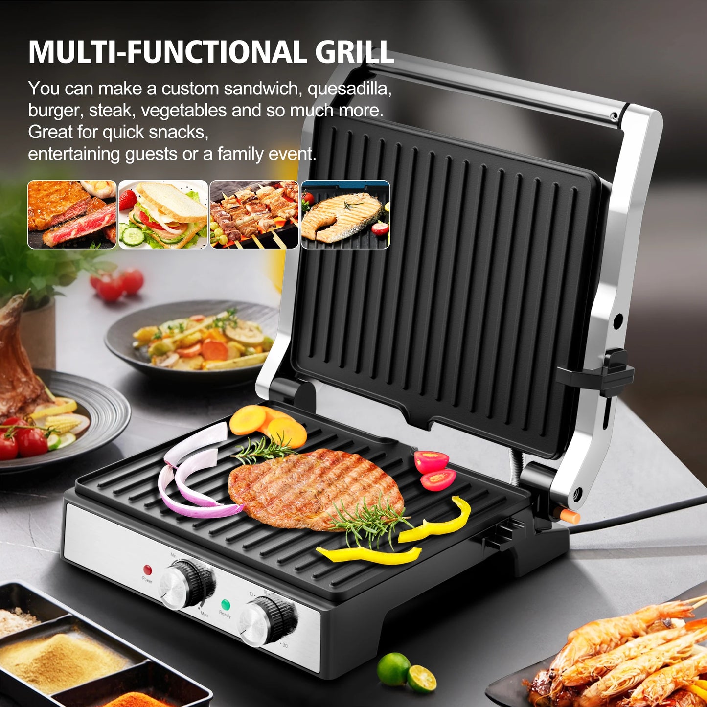 CACHOO 1500W Panini Press With Adjustable Temperature Stainless Steel