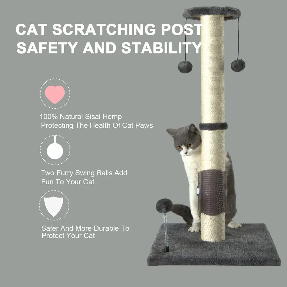 32 Tall Sisal Scratch Post with Hanging Ball and Self-Massage Brush for Indoor Cats and Kittens Gray 32inches