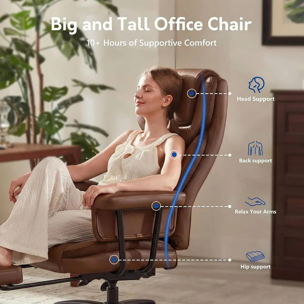 Premium Heavy-Duty Big and Tall Office Chair, 165° Recline, Footrest, Quiet Wheels, Adjustable Height, Brown