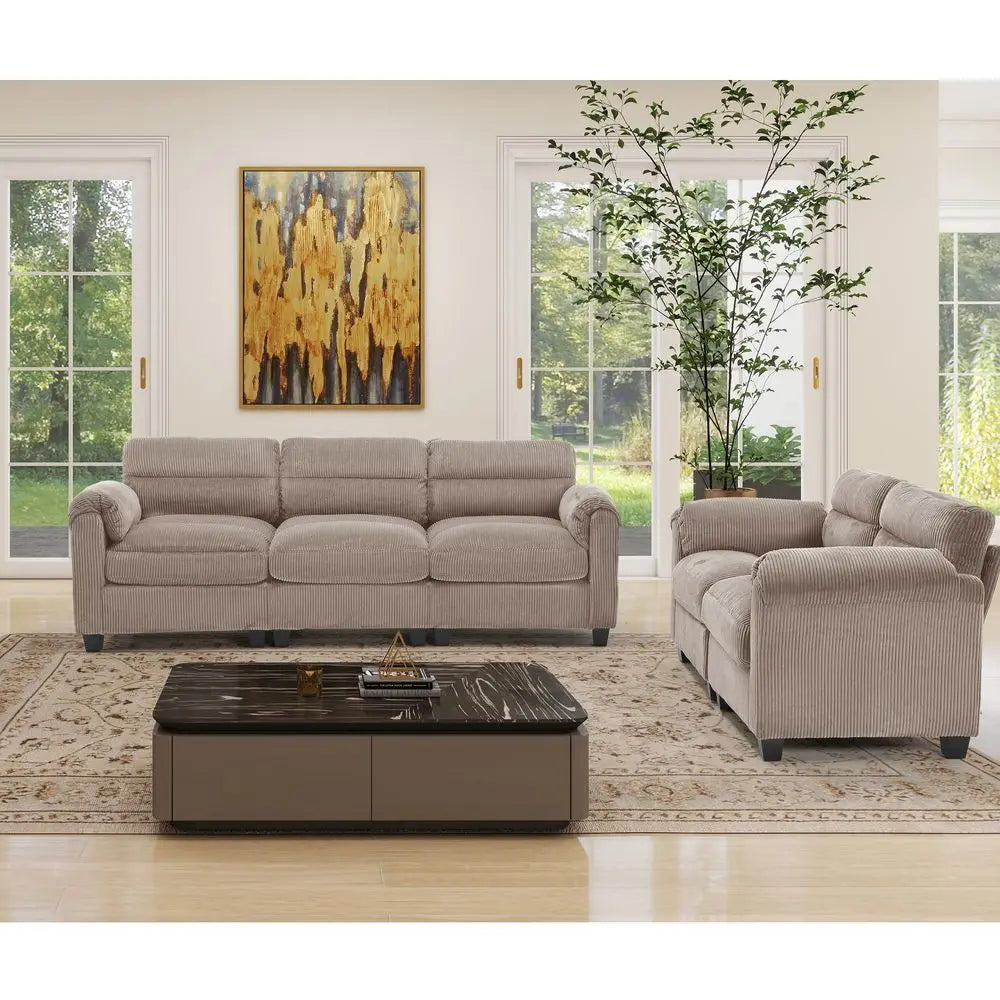 Modern Corduroy Sofa Set with Plush Cushions and Rolled Arms