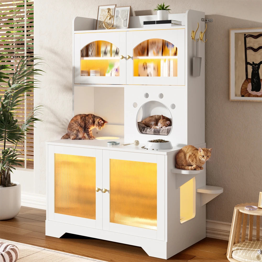 3-Tier Cat Litter Box Enclosure with Storage Cabinet, Hidden Cat Washroom Furniture with Fluted Glass Doors & Climbing Platforms