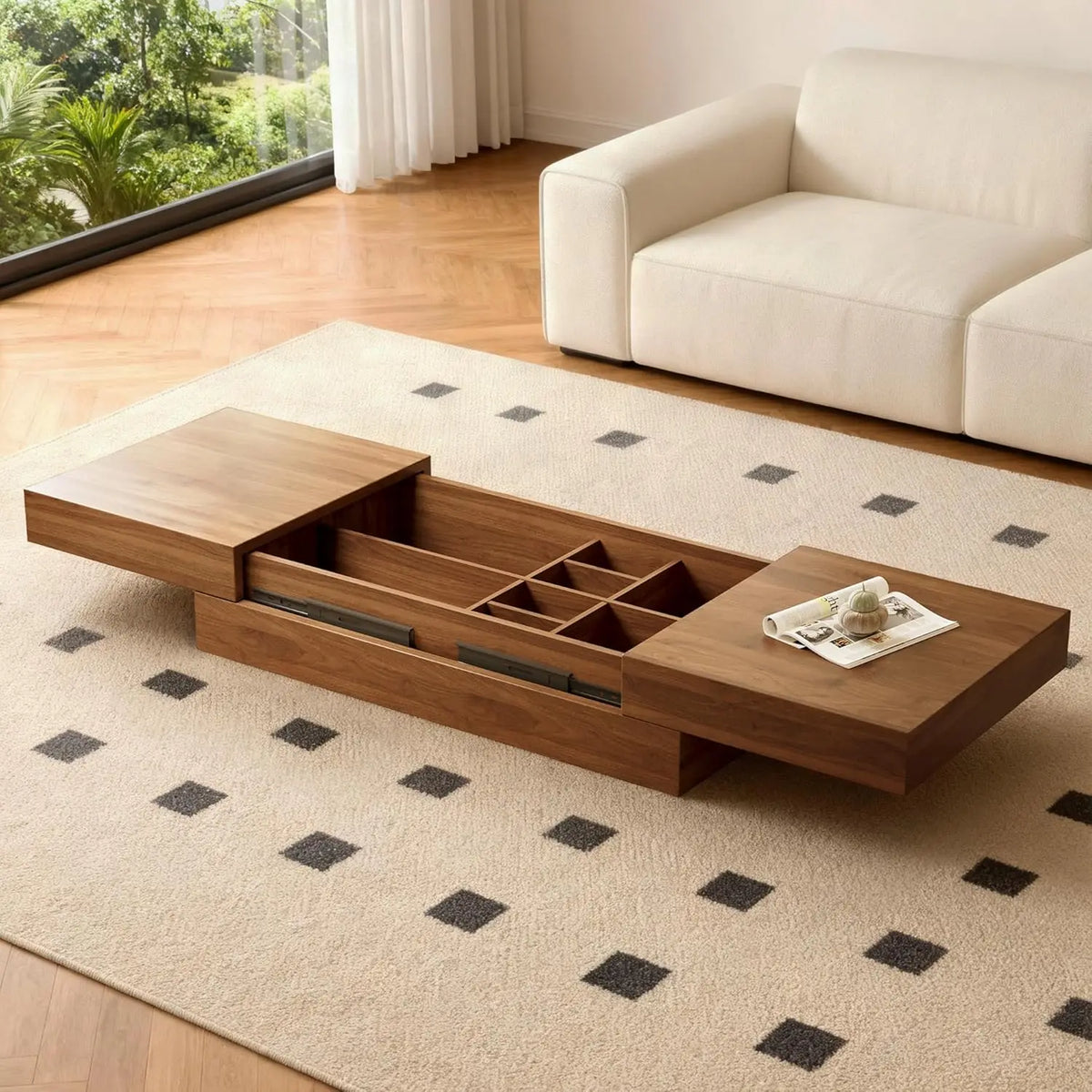 Mid-Century Modern Farmhouse 47.2-81.8" Expandable Coffee Table,Adjustable Center Table with Large Storage for, Customized