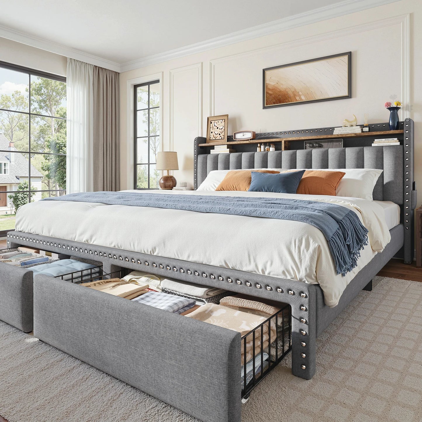 Upholstered Platform Bed Frame With Storage Headboard And Drawers