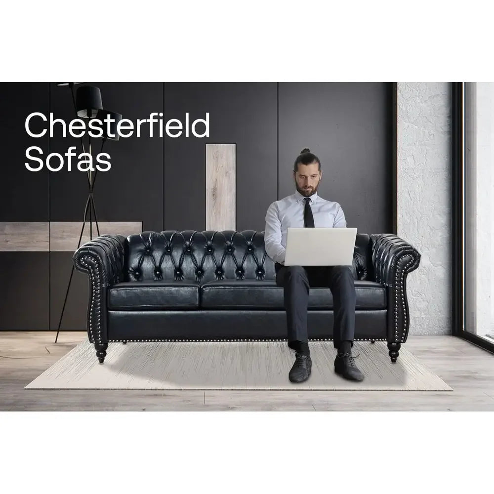 Chesterfield Leather Sofa for Living Room, Comfy DeepSeated 3Seater Sofa for Bedroom, Office, or Apartment. Luxury Classic Sofa
