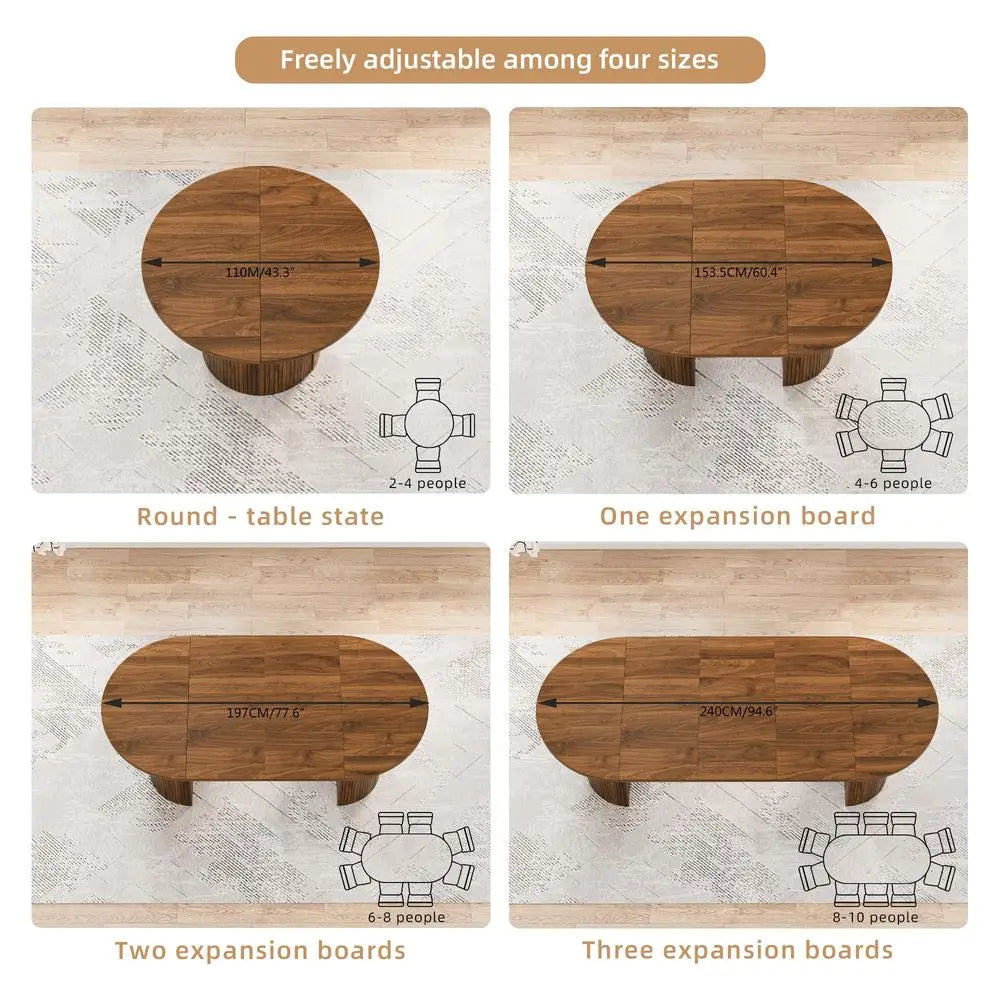 Inch Long Round Extendable Dining Table for 410, Space Saving Oval Large Dinner Kitchen Table with 3 Leaf, 2 Storage, Fluted Mi