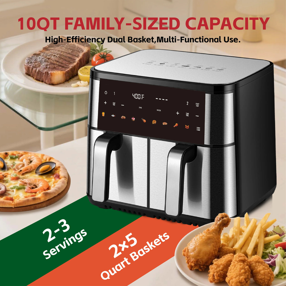 Dual Zone Air Fryer With Independent Baskets And Touchscreen