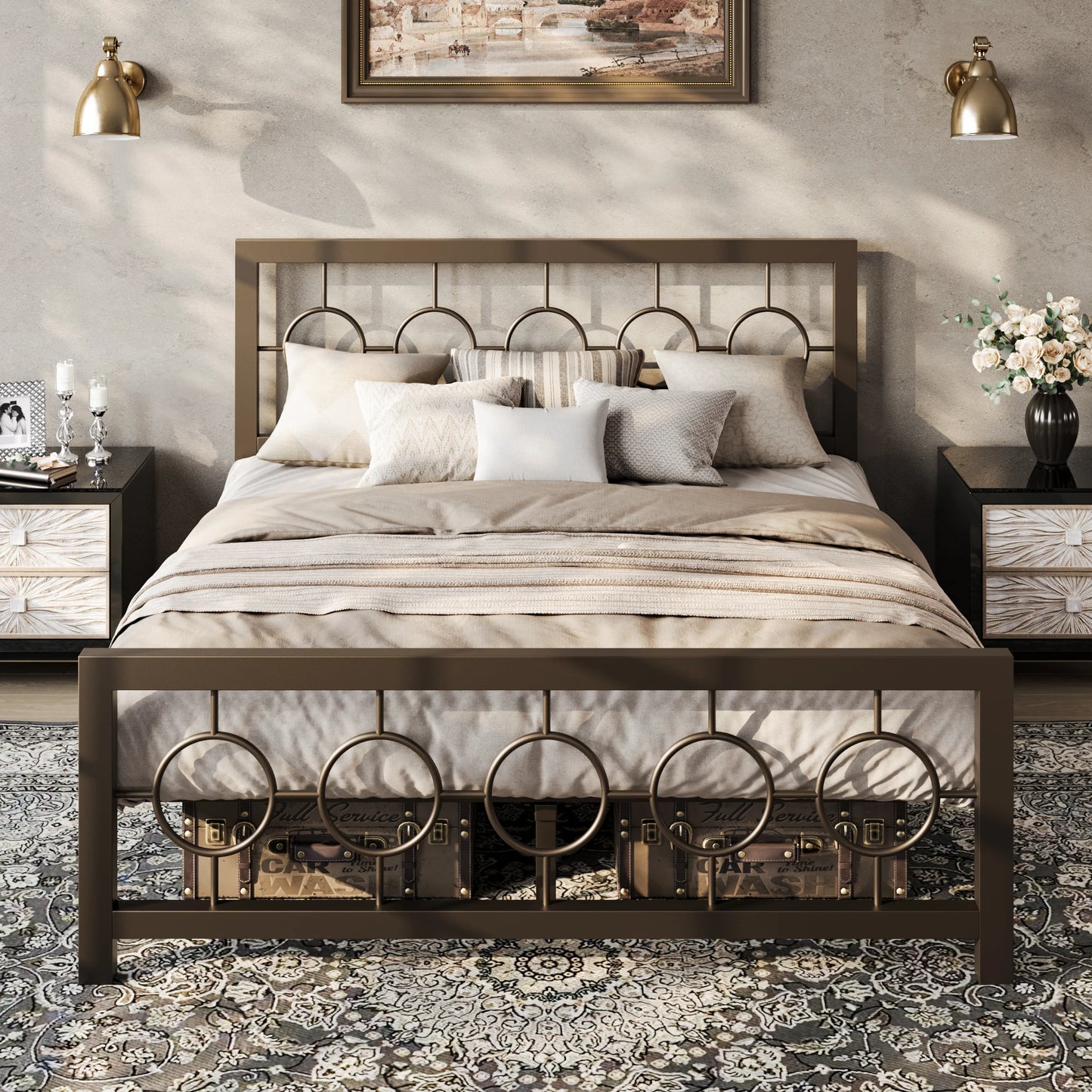 HOOMIC Metal Platform Bed Frame With Vintage Circular Headboard