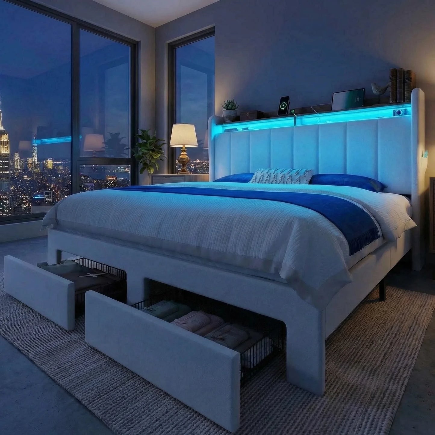 Hoomic Bed Frame With Storage Drawers And Integrated Led Lighting