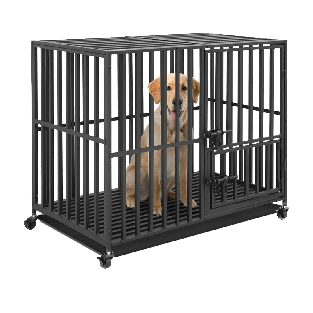 BINGOPAW Heavy Duty Metal Dog Cage With Three Doors Wheels